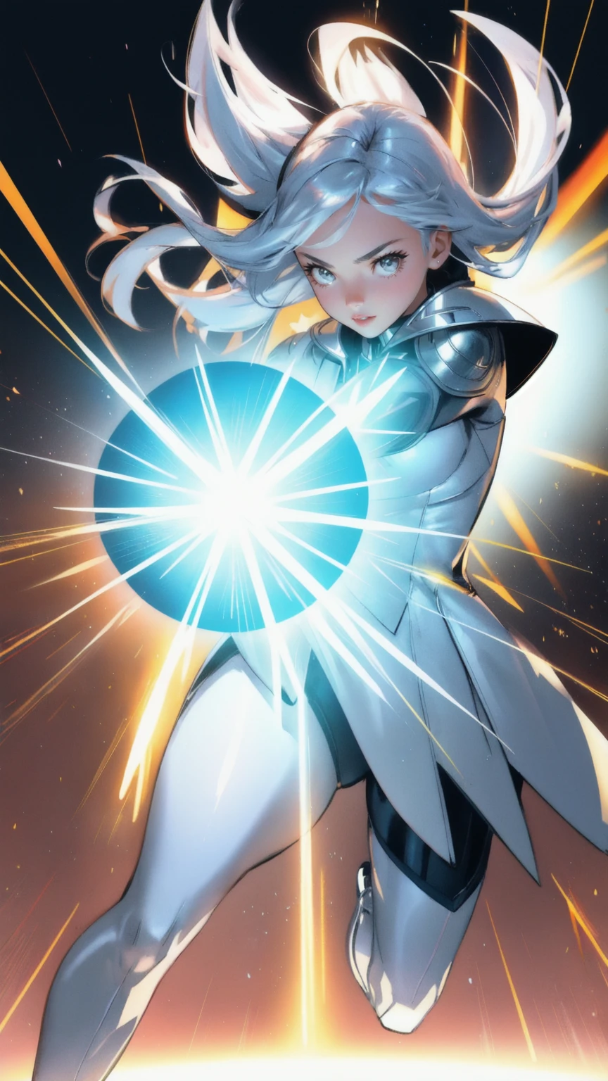 A beautiful cute girl in a silver superhero costume, posed dynamically in the center of an action scene, firing a gun that emits a burst of light, surrounded by stylized silver alien-like characters labeled 'FUD,' who appear to be attacking. The background should be bright yellow, with dramatic beams of light radiating outwards, emphasizing the superhero's power and stance. The scene should have a metallic, futuristic style, resembling a comic book or animated movie action sequence.