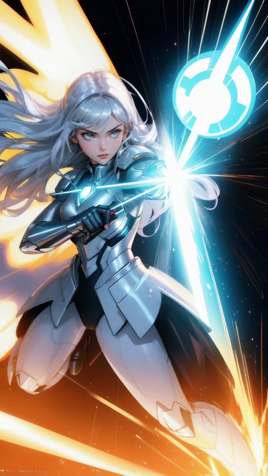 A beautiful cute girl in a silver superhero costume, posed dynamically in the center of an action scene, firing a gun that emits a burst of light, surrounded by stylized silver alien-like characters labeled 'FUD,' who appear to be attacking. The background should be bright yellow, with dramatic beams of light radiating outwards, emphasizing the superhero's power and stance. The scene should have a metallic, futuristic style, resembling a comic book or animated movie action sequence.