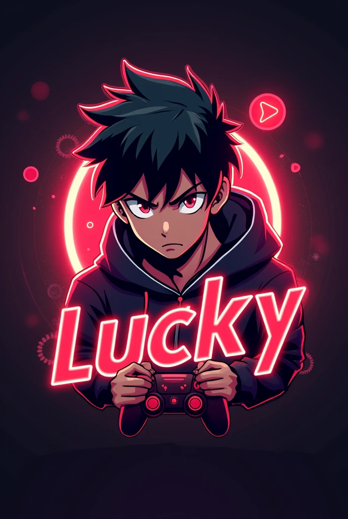 This is a gaming logo that features the name " LUCKY " in a futuristic font and a neon Red color. and Boy Anime avtar, The logo also has a stylized controller icon and a YouTube play button in the background. The logo is designed to be attractive and eye-catching, and to appeal to gaming enthusiasts and YouTube viewers. I hope you like it.