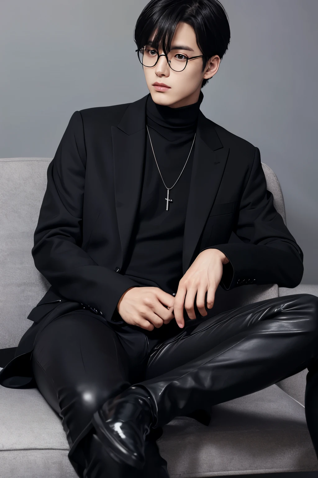 male、Black-haired allback、Black turtleneck long sleeves、Long-sleeved lab coat、Black slacks、Slender glasses、Silver Necklace、sitting with her legs crossed on a black leather sofa、Looking down here、Expressionless、cool、male、manly