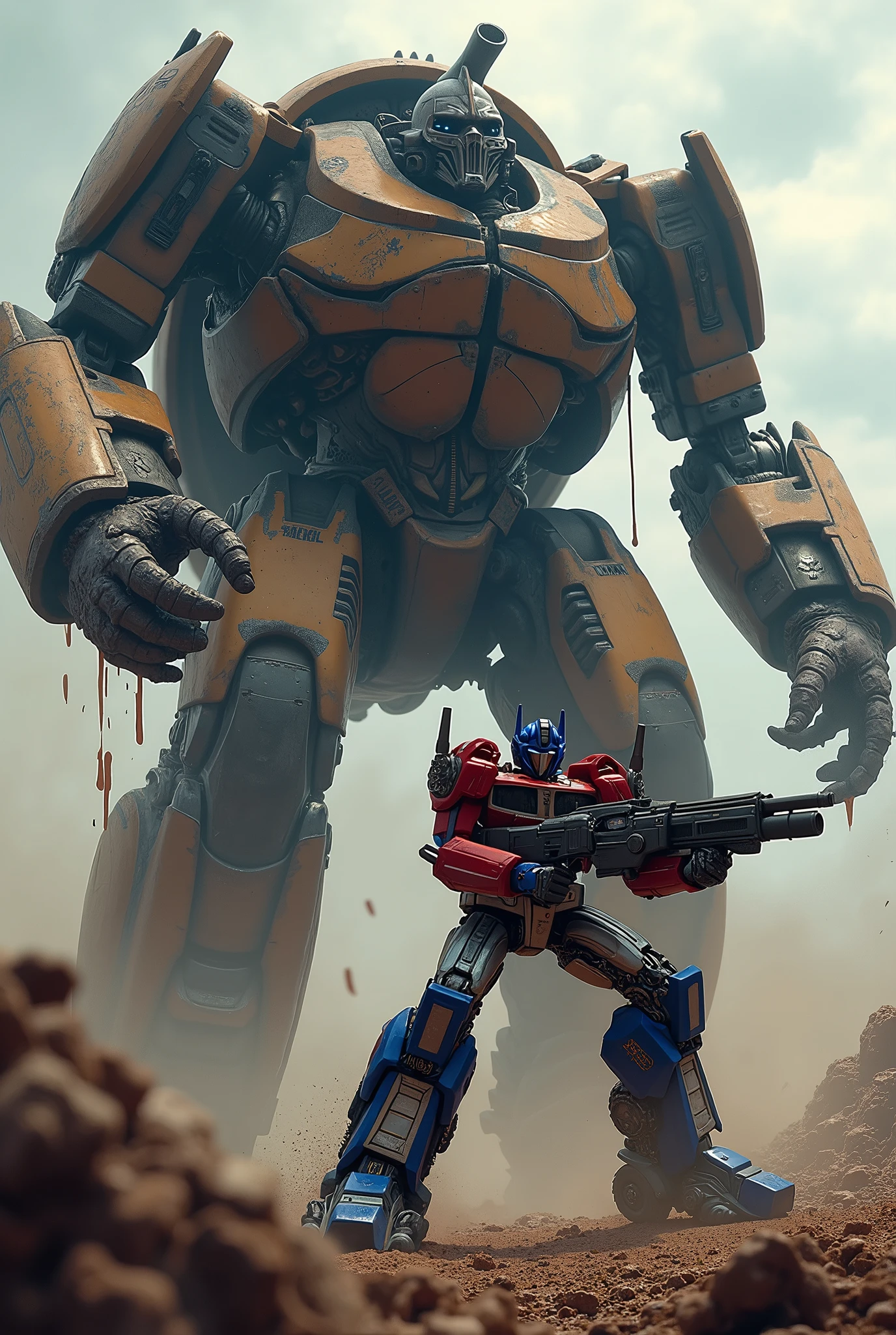 a highly detailed digital painting of Optimus Prime from Transformers, wearing his iconic armor and wielding his powerful gun, battling a towering turtle-like giant mech with intricate mechanical details, the turtle mech is badly damaged and bleeding profusely, intense action scene with dynamic lighting and cinematic camera angle, hyperrealistic, 8k, photorealistic, cinematic lighting, dramatic shadows, vibrant colors, intricate mechanical details, depth of field, hyper detailed, award winning digital art