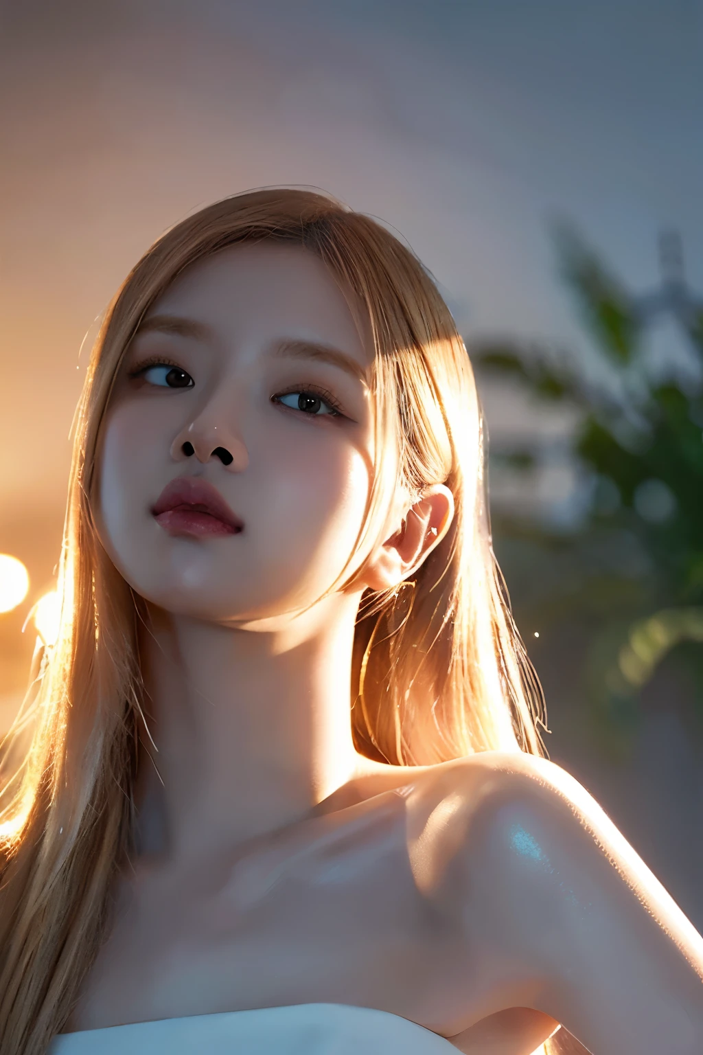 blonde hair, white dress, (sky in the background), detailed face, detailed eyes, long eyelashes, shimmering, glowing, ethereal, angelic, serene, peaceful, heavenly, divine, (best quality,4k,8k,highres,masterpiece:1.2),ultra-detailed,(realistic,photorealistic,photo-realistic:1.37),intricate details,cinematic lighting,dramatic lighting,volumetric lighting,chiaroscuro,dramatic shadows,dramatic highlights,vibrant colors,soft focus,shallow depth of field,golden hour