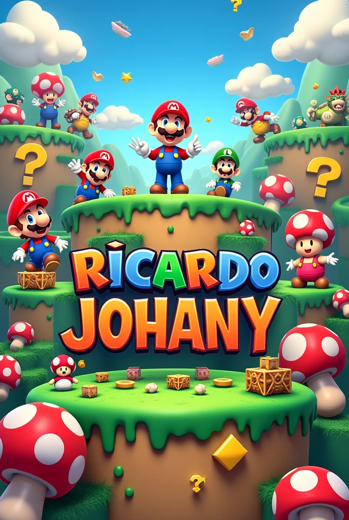Create a background of mario bros characters with the word Ricardo Johany in the center in bold capital letters