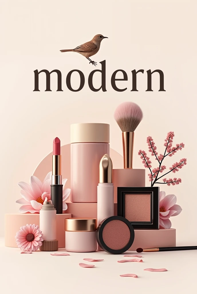 A logo for a beauty brand named "modern" with all the beauty products around it and a small bird on top