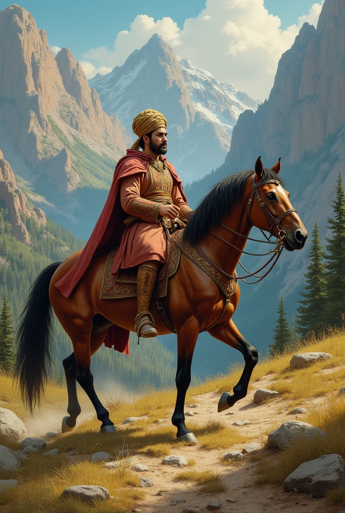 A painting of Ghilani in the mountains of Gilan, Persian Empire, in 1095. He is riding a horse and wearing a traditional outfit. In the background, there are mountains and trees.