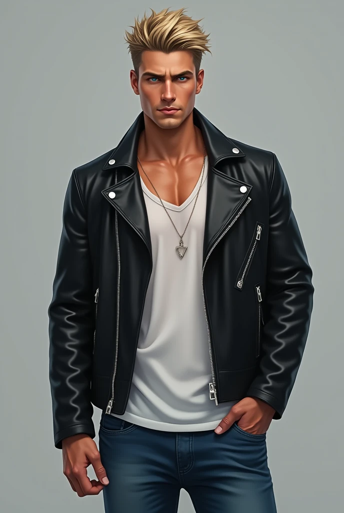 Black Leather biker jacket,  open white shirt, blue jeans pants young, blond  hair, blue eyes muscle, man
Gray background 
