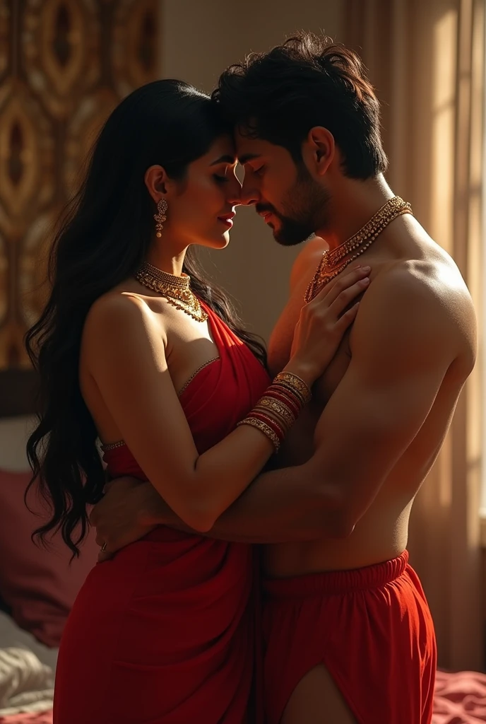 Indian milf beautiful naked curvy Queen sex with a young prince, dim light in room, fantasyreal