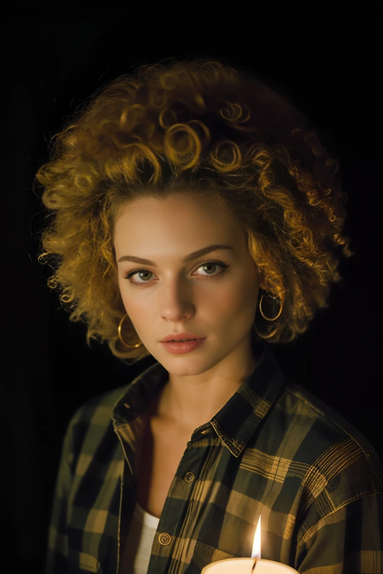 photograph of a woman, (troubled facial expression), textured skin, goosebumps, blonde afro hair, plaid flannel shirt with distressed boyfriend jeans, cowboy shot, dark and mysterious cave with unique rock formations and hidden wonders, perfect eyes, (candlelight,chiaroscuro), Porta 160 color, shot on ARRI ALEXA 65, bokeh, sharp focus on subject, shot by Don McCullin
