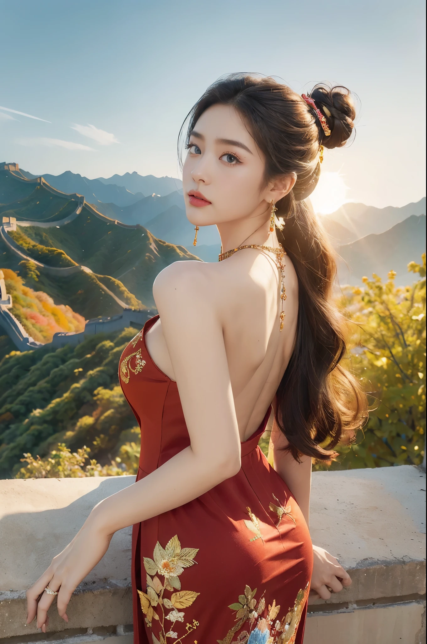 (((best quality))), (((ultra detailed))), (((masterpiece))), illustration,((1 beautiful girl,solo)),(on the Great Wall:1.3),(neat bun:1.2),((earrings,necklace)),((slim,thin)),((bare back,towering hips,butt crack)),((October, sunny, autumn,bright sunshine)), magnificent mountains,(maxi gorgeous Exquisite embroideried red dress:1.3),(stockings:1.3),(standing:1.3),gracefully,(detailed bright eyes:1.3),(fair skin:1.3), radiant,sparkling, vibrant colors,(colorful flowers:1.3), elegance, strength, perseverance, majestic, awe-inspiring, fluffy white clouds,((from back,upper body))