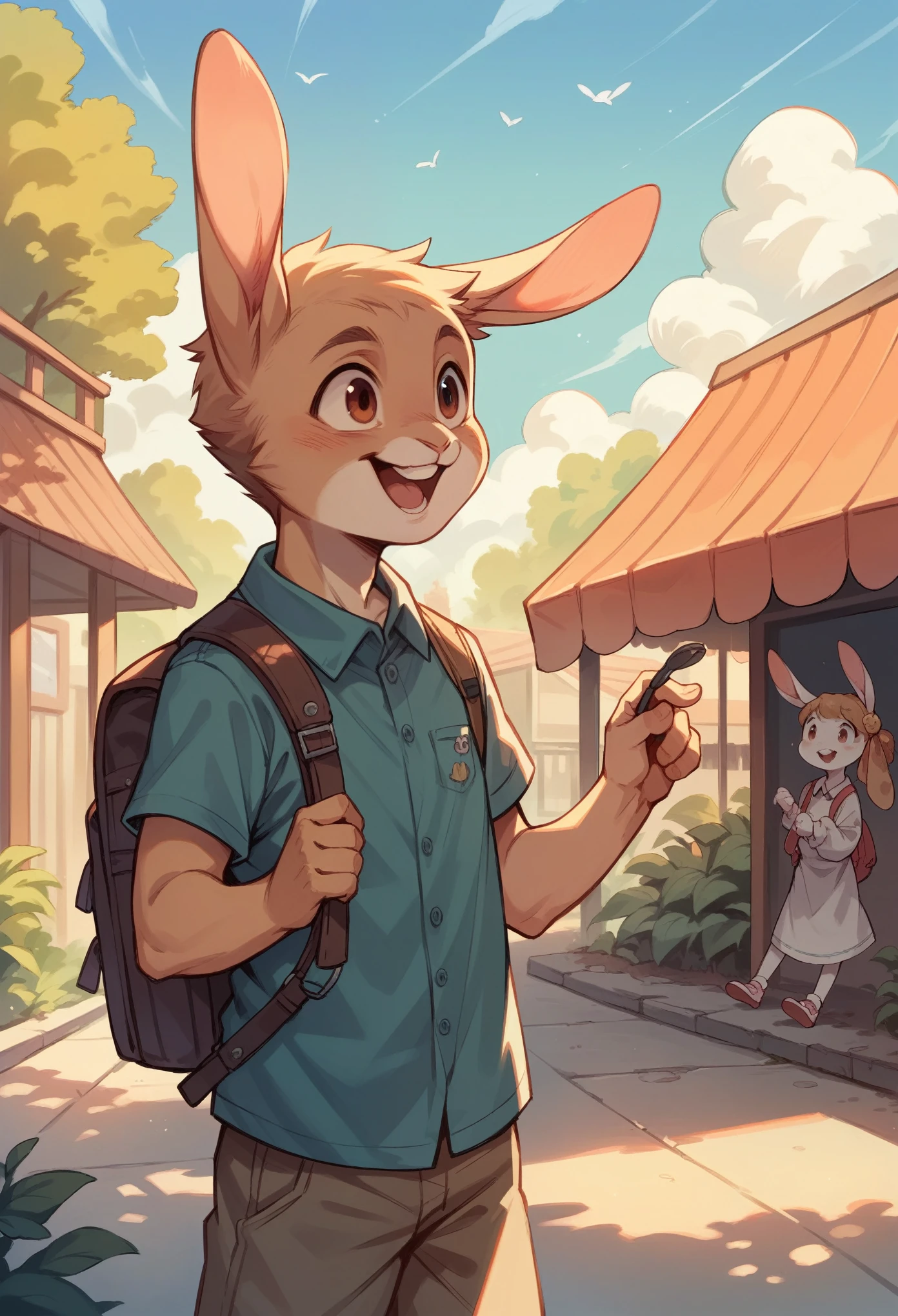 Image: Picture of a cheerful, brave rabbit with a small backpack