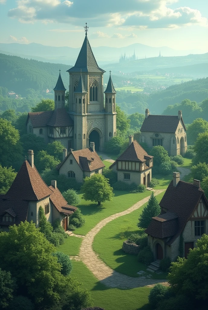 front view of a horizon with European vegetation and stone houses typical of medieval England. Houses need to be in a very distant view, but the details need to be slightly sharp. Some houses are a little destroyed, others very well preserved. In the middle of the houses I would like a medieval temple in the Romanesque style.. Colors need to be cool, with a predominance of green. The houses need to be very well distributed in the image, without being a cluster of houses. The view of the horizon is frontal, but the perspective of the houses and architectures need to be in the side view. The houses are small, They can't look like a castle and be too close together, they need to look like small houses of humble peasants. Further into the houses, needs to have a silhouette of a very distant city, only with details that show that there is a city kilometers away, the details of this distant city need to be clear. Two of the first houses need to be half destroyed