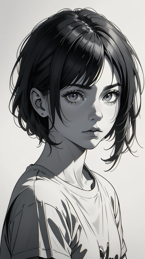 1 boyish girl, solo, sharp eyes, expressionless, monochrome, greyscale, short black hair, portrait, white T-shirt, closed mouth, looking at viewer, graphite \(medium\), detailed lips, hatching \(texture\), without makeup, bangs, upper body, (best illustration), (best quality), (very detailed), (masterpiece), expressionless,