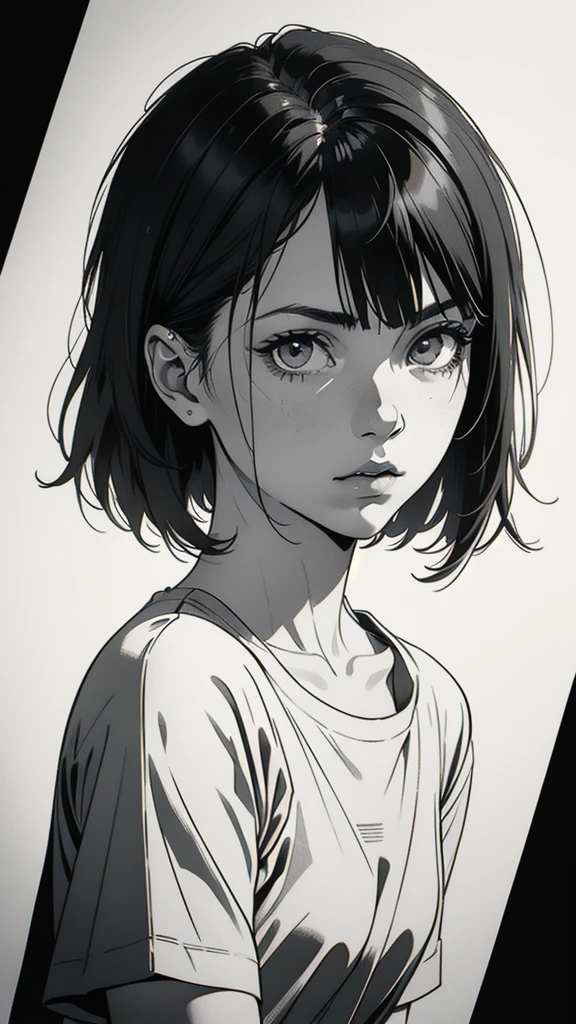 1 boyish girl, solo, sharp eyes, expressionless, monochrome, greyscale, short black hair, portrait, white T-shirt, closed mouth, looking at viewer, graphite \(medium\), detailed lips, hatching \(texture\), without makeup, bangs, upper body, (best illustration), (best quality), (very detailed), (masterpiece), expressionless,