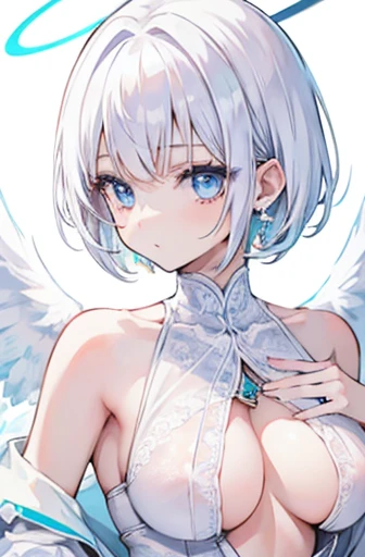 Anime, girl, teenage, short hair, white hair, plae blue eyes, cool, earrings, wearing a white lace underwear,, cute, angel wings and halo ring, medium boobs,