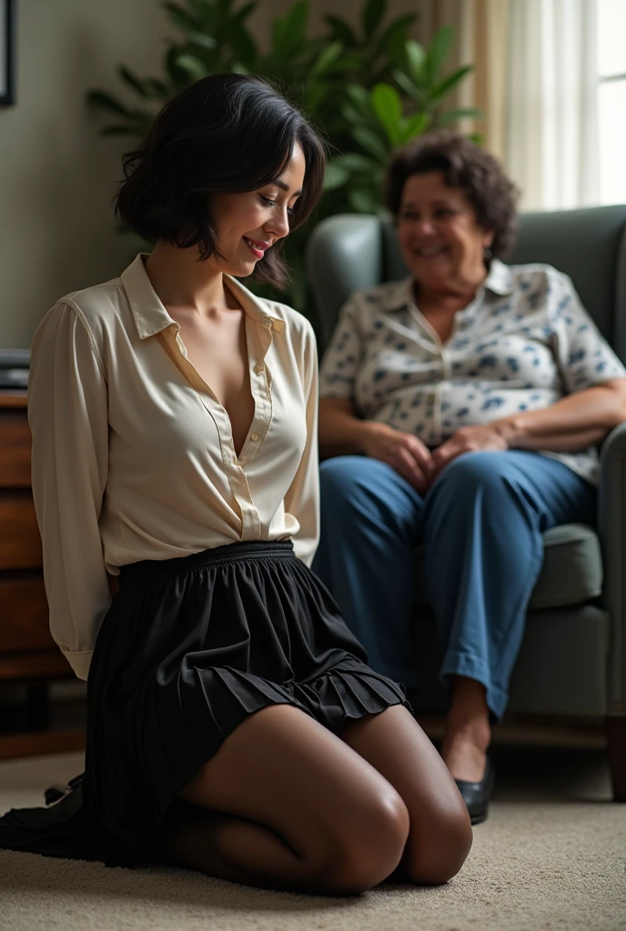 pretty 50 year old secretary with short dark hair, wearing a silk blouse and long pleated skirt and black silky pantyhose, her skirt has been pulled up and her panties can be seen, a very detailed view of her pantyhose, she is kneeling down on a carpeted floor, she has her arms tied behind her back very tightly with a short rope and is bowing down to a very tall, strong and imposing 70 year and slightly overweight woman with dark curly hair, wearing blue trousers and a white floral blouse and is sitting in an armchair and looking down at her and is laughing, photo realistic. 