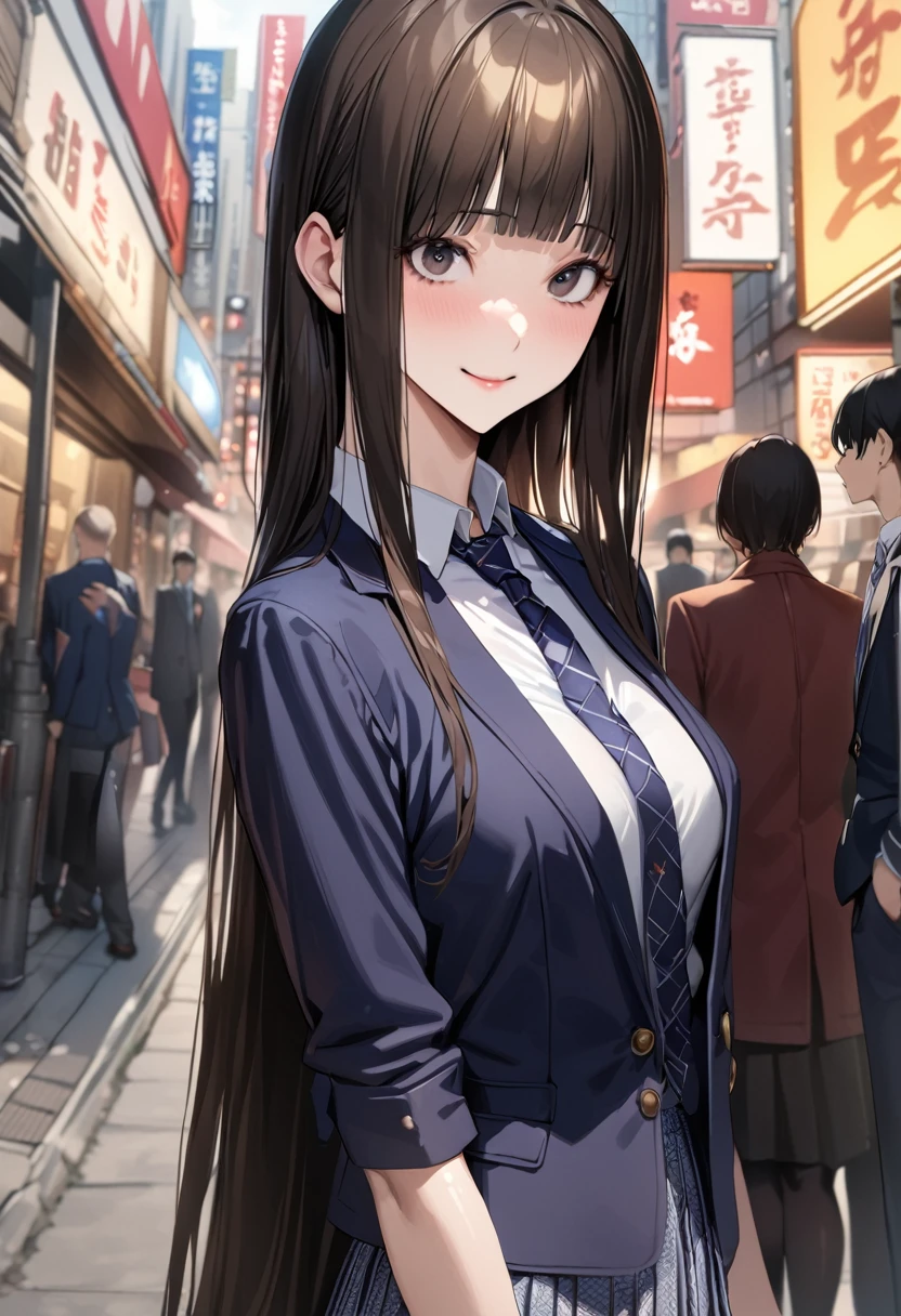 ((masterpiece,best quality anime,Highest quality:1.3)),realistic,upper body,1woman,(30 year old beauty),((very small head:1.4)),((very long body:1.4)),straight long hair,black hair,(gorgeous big eyes),black eyes,smile,((slender body:1.4,skinny:1.3)),medium breasts,(School uniform、Dark blue blazer jacket、Navy blue tie、White shirt、Navy patterned pleated skirt),gleaming skin,shiny skin,standing,on street、Shinjuku、Tokyo、