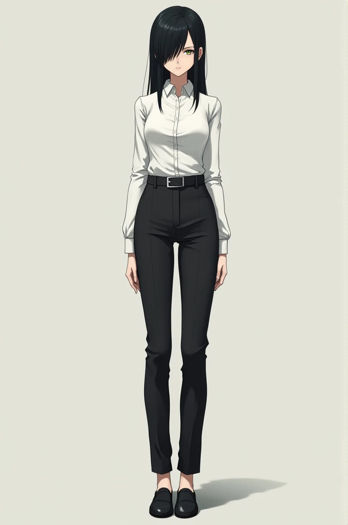 
The image depicts a tall, slender anime-style character with a serious expression. The character has straight black hair that covers one eye, giving them a somewhat mysterious or brooding appearance. They are wearing a fitted white button-up shirt, tucked into black dress pants with a belt, and dark shoes. The overall look is formal and somewhat minimalist. The character's posture is relaxed but confident, and they have a generally calm demeanor.

If you'd like to create a prompt based on this description, it could be as follows:

"A tall, slender anime character with a serious expression, dressed in a fitted white button-up shirt, black dress pants, and dark shoes. The character has straight black hair that covers one eye, giving them a mysterious appearance. They stand confidently, with a calm and brooding demeanor."