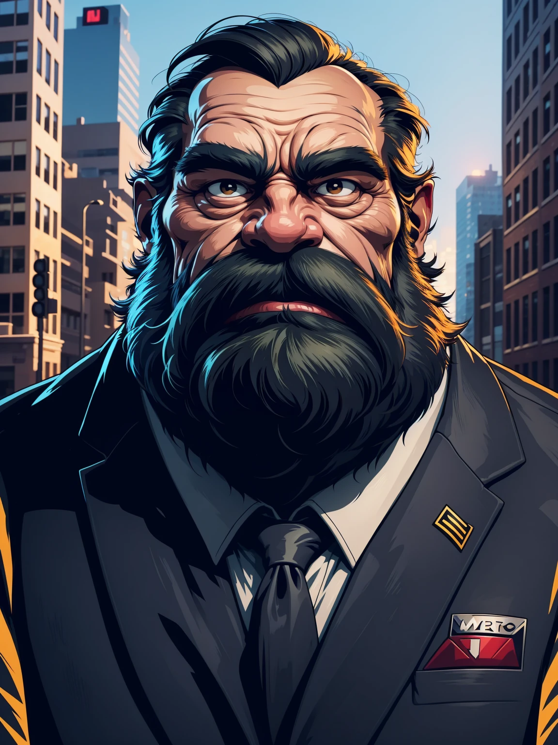 a portrait of an old man wearing a suit, upperbody, standing in a city background, (mwvector), vector, thick mustache, long beard, 8k, high quality, photorealistic, detailed wrinkles, detailed facial features, detailed texture