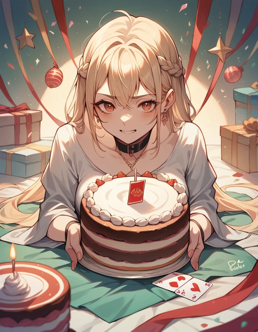 birthday card with a woman coming out of a cake