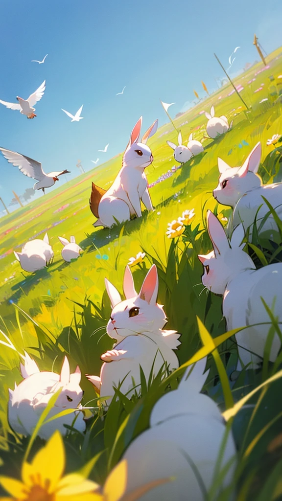 The white small bunny watches from a distance as various animals—such as squirrels and birds—play in a sunny meadow. The bunny appears hesitant and shy, observing the fun.