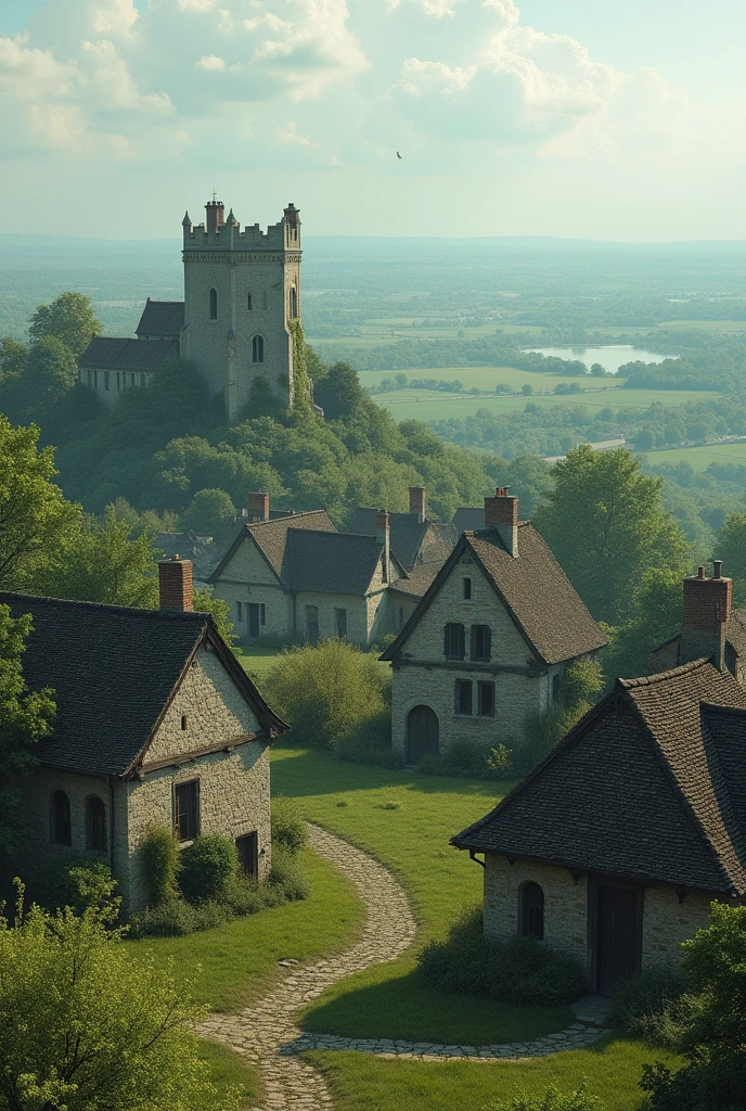 front view of a horizon with European vegetation and stone houses typical of medieval England. Houses need to be in a very distant view, but the details need to be slightly sharp. Some houses are a little destroyed, others very well preserved. In the middle of the houses I would like a medieval temple in the Romanesque style.. Colors need to be cool, with a predominance of green. The houses need to be very well distributed in the image, without being a cluster of houses. The view of the horizon is frontal, but the perspective of the houses and architectures need to be in the side view. The houses are small, They can&#39;t look like a castle and be too close together, they need to look like small houses of humble peasants. Further into the houses, needs to have a silhouette of a very distant city, only with details that show that there is a city kilometers away, the details of this distant city need to be clear. Two of the first houses need to be half destroyed, the walls need to be broken, the ceilings have holes, and around there are stones scattered