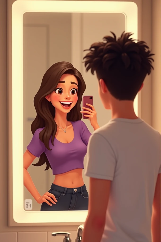 Pixar-style image of a couple taking a photo in the bathroom mirror, The woman is smiling and taking the photo with her cell phone, She is wearing a purple blouse , The young man has dark curly hair, with a cut that leaves the sides shorter and volume on top. He has a slim build and is wearing a white T-shirt.. His skin tone is light, and although it is in profile, You can see that he is taller than the young woman.
The young woman has long, straight hair., coffee colored. Her skin is also light. She is wearing a short T-shirt that reveals part of her abdomen., and appears to be wearing dark shorts. He has a slim build and is smiling broadly.. The young man is turning his back to the mirror , while the girl does not , el chico está dando la espalda al espejo pero su cara está de perfil sonriendo, uno de sus brazos rodea la cintura de ks joven