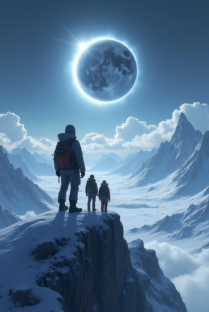 Univer spacial glacial, des explorateur en haut d'une montagne, eclipse