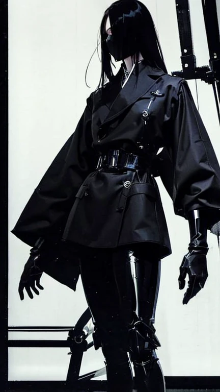 Black Hair、Cold look:1.5、Japanese woman in her 30s、Dark Background、One Cool Lady:1.5、night、whole photo、Dark Eyes、Black gloves、Ominous Machine Lifeform、Nihil、Half of his body is made of machinery、Mechanical Man:1.5、Modern clothing:、Creepy、Scary atmosphere