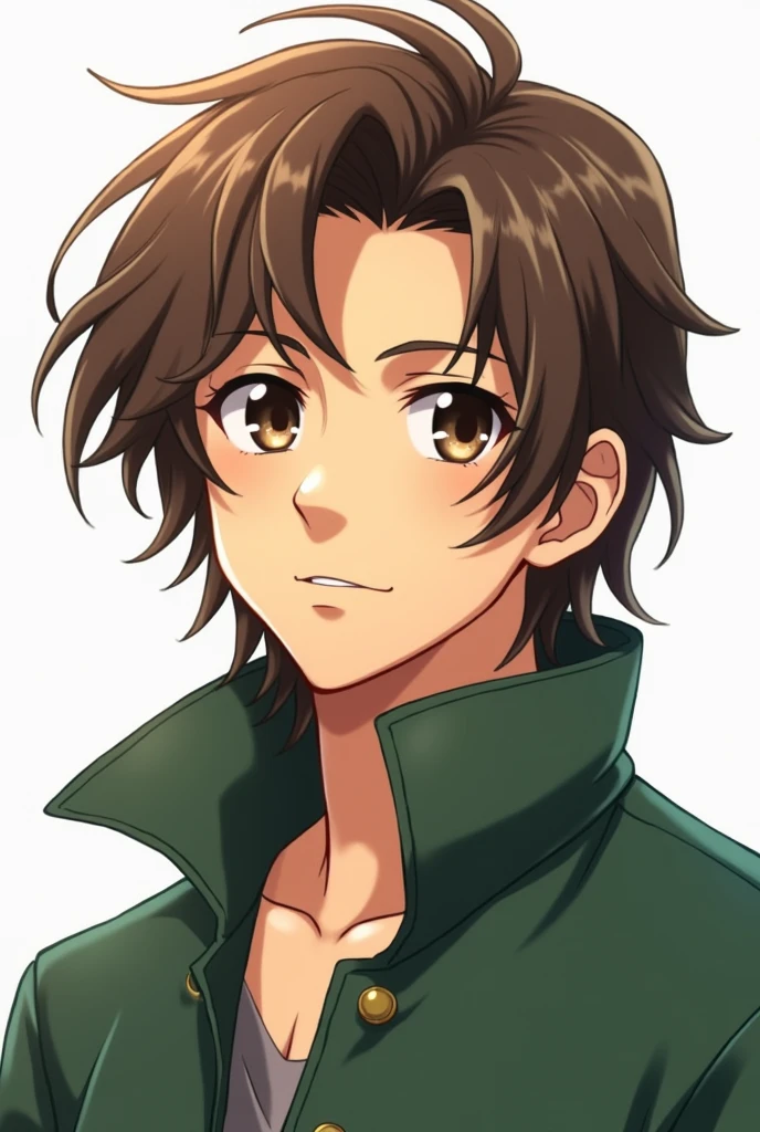 long haired anime boy, Brown eyes, slightly brown, green jacket, White background, attractive