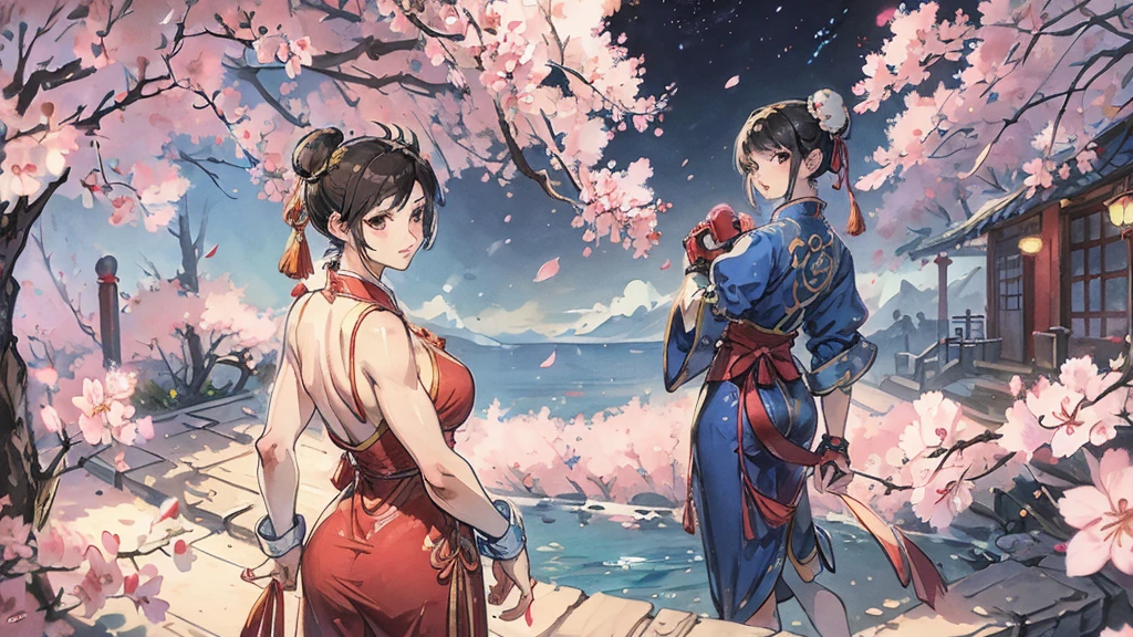 Street Fighter Chun-Li　anime　Cherry Blossoms at Night　Looking Back　moon　China dress　human　1 person 　Person big