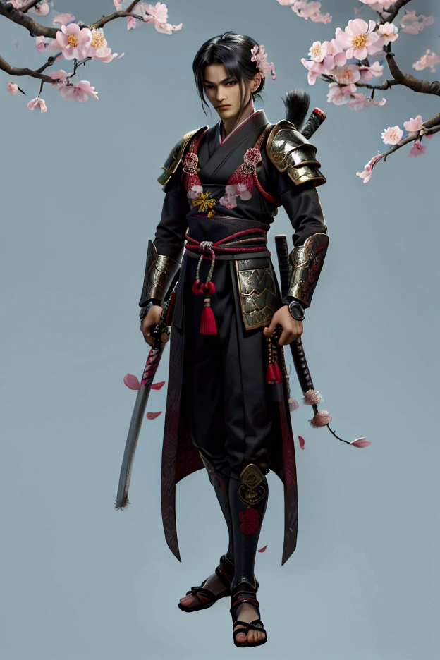 A male samurai with an intense expression, standing in a defensive stance with his katana raised diagonally across his body. He is wearing ornate armor with intricate dragon patterns, with cherry blossom petals swirling around him in a gust of wind. The backdrop is a moonlit Japanese garden 12yo student, +3 View prompt standing, 3 View Drawings, side and Front and back, Character Sheet, Full body, Simple white background, character reference sheet, Concept art, design sheet, Character Design, full body adoptable horizontal clear charcter style sheet