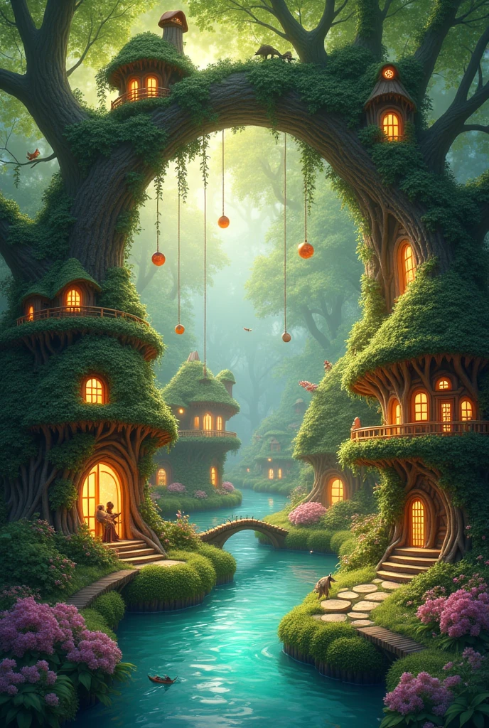A whimsical fairy's village nestled within the heart of a vibrant green lush biome. The village is an intricate network of tiny, glowing houses, each meticulously crafted from natural elements such as twisted vines, soft mosses, and dew-kissed leaves. These fairy abodes are perched on the sturdy branches of ancient trees that rise majestically into the canopy, their roots sprawling to form sturdy walkways and bridges. A crystal-clear stream meanders through the village, its banks adorned with delicate, luminescent flowers that mirror the vibrant hues of the surrounding foliage. The air is filled with a symphony of bird songs and the gentle hum of fairy wings, as the inhabitants flit about in their ethereal garments, tending to the village's lush gardens. A warm, dappled sunlight filters through the leaves, casting a magical glow over the entire scene. Suspended by invisible threads, a series of iridescent orbs serve as streetlights, adding a touch of enchantment to the already mystical atmosphere. The village's entrance is a grand archway of intertwined branches and blooming flowers, welcoming those who stumble upon this secret haven. The overall effect is one of harmony and wonder, a place where nature and magic coexist in perfect balance, hidden from the eyes of the ordinary world.