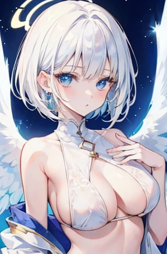 Anime, girl, age, short hair, white hair, plae blue eyes, cool, earrings, wearing a white lace underwear,, cute, angel wings and halo ring, medium boobs,