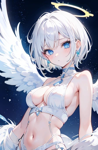 Anime, girl, teenage, short hair, white hair, plae blue eyes, cool, earrings, wearing a white lace underwear,, cute, angel wings and halo ring, medium boobs,