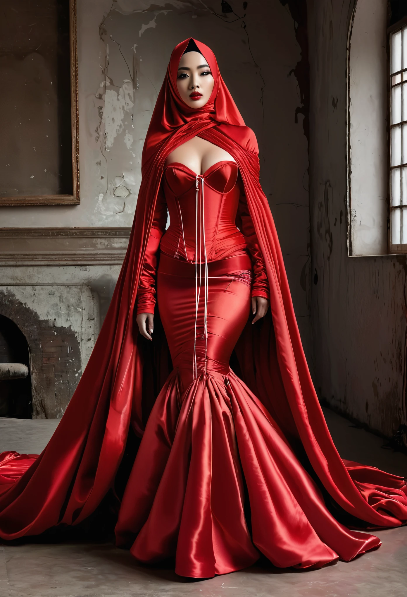 A woman shrouded in a 10-meter-long, plush red satin cloth, tightly bound and grandly draping along the form of her body, wear corset ,ballon sleeves, flowing off into a pooled floor-length train, styled in a mermaid-inspired outfit, her head modestly veiled in a satin hijab, tall woman, walking in photo studio, a full-body pose posing in front of people, captured in a 4k resolution, ultra-realistic