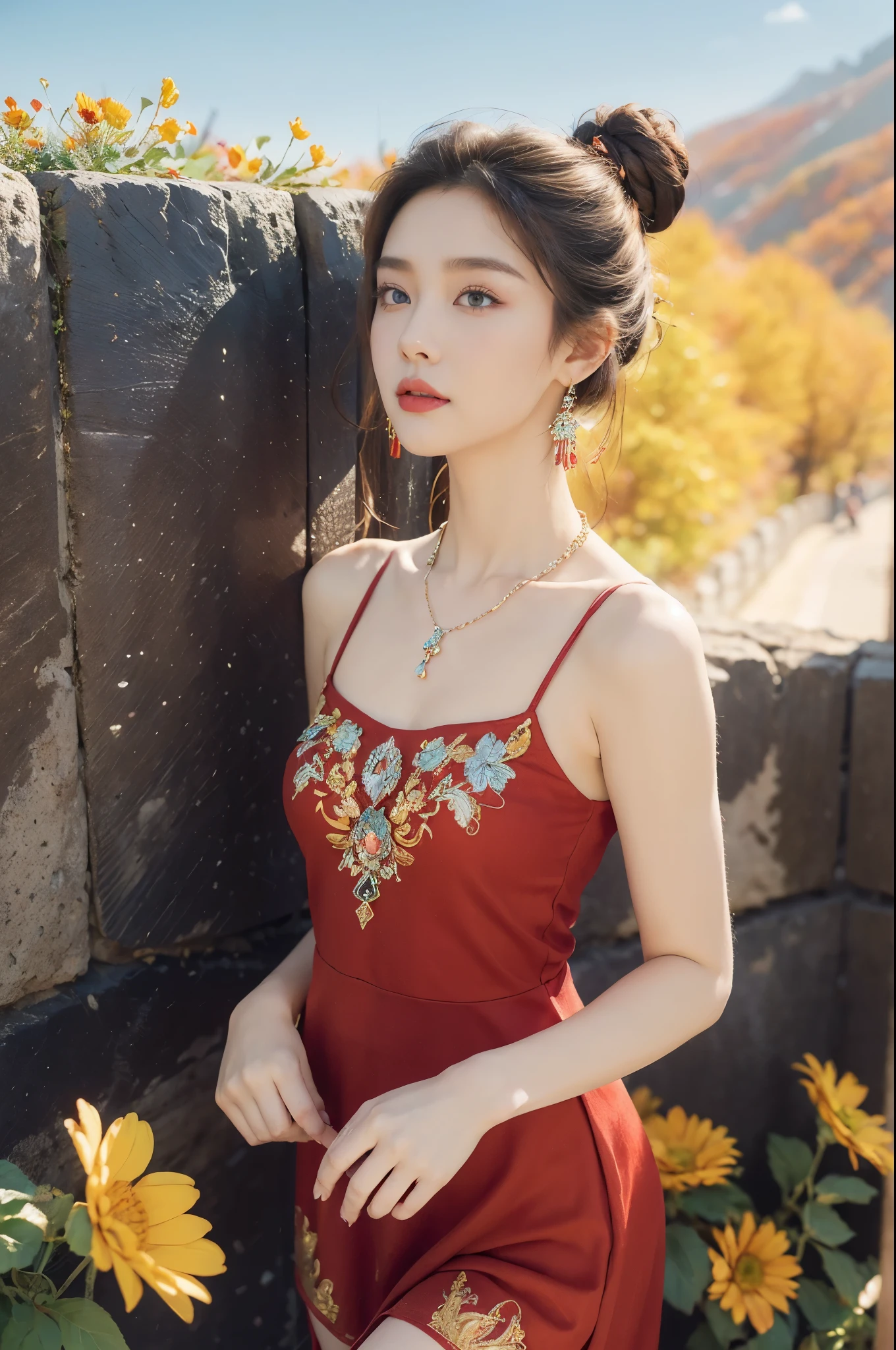 (Best Quality, 4K, 8K, High Definition, Masterpiece:1.2), (Ultra Detailed, Realistic, Photorealistic:1.37), a beautiful young woman with delicate facial features,flower crown,long elegant hair,ornate jeweled headpiece,red silk dress,sitting in a lush garden,surrounded by colorful flowers,intricate background details,cinematic lighting,delicate brushstrokes,oil painting,highly detailed,dramatic,romantic,soft color palette,dreamlike atmosphere
