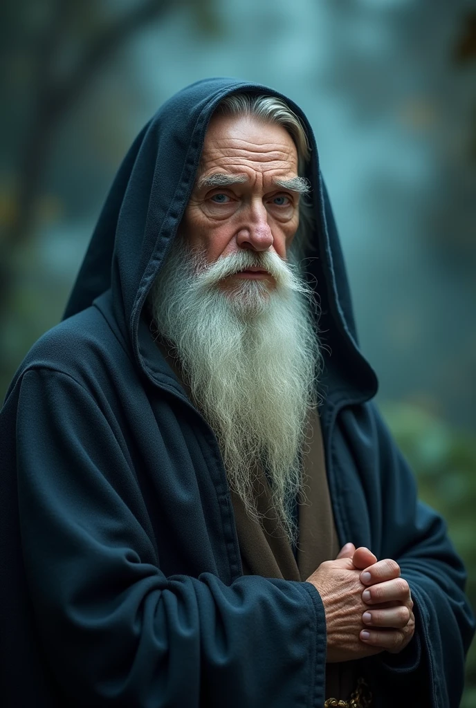 Un vieil homme sage, derrière lui se cache un mystère, il a une barbe blanche, soigneusement soignée, son visage est tapissé de rides qui racontent l'histoire d'une longue vie pleine de sagesse. Ses yeux sont transparents, comme s’ils détenaient les secrets de l’univers, rayonnant d’une profonde sérénité et d’une grande sagesse. Il portait une robe simple mais élégante, ajoutant à son apparence mystérieuse et belle. Avec un fond mystique qui évoque la sagesse. L'image doit être de 1920 x 1080 horizontalement