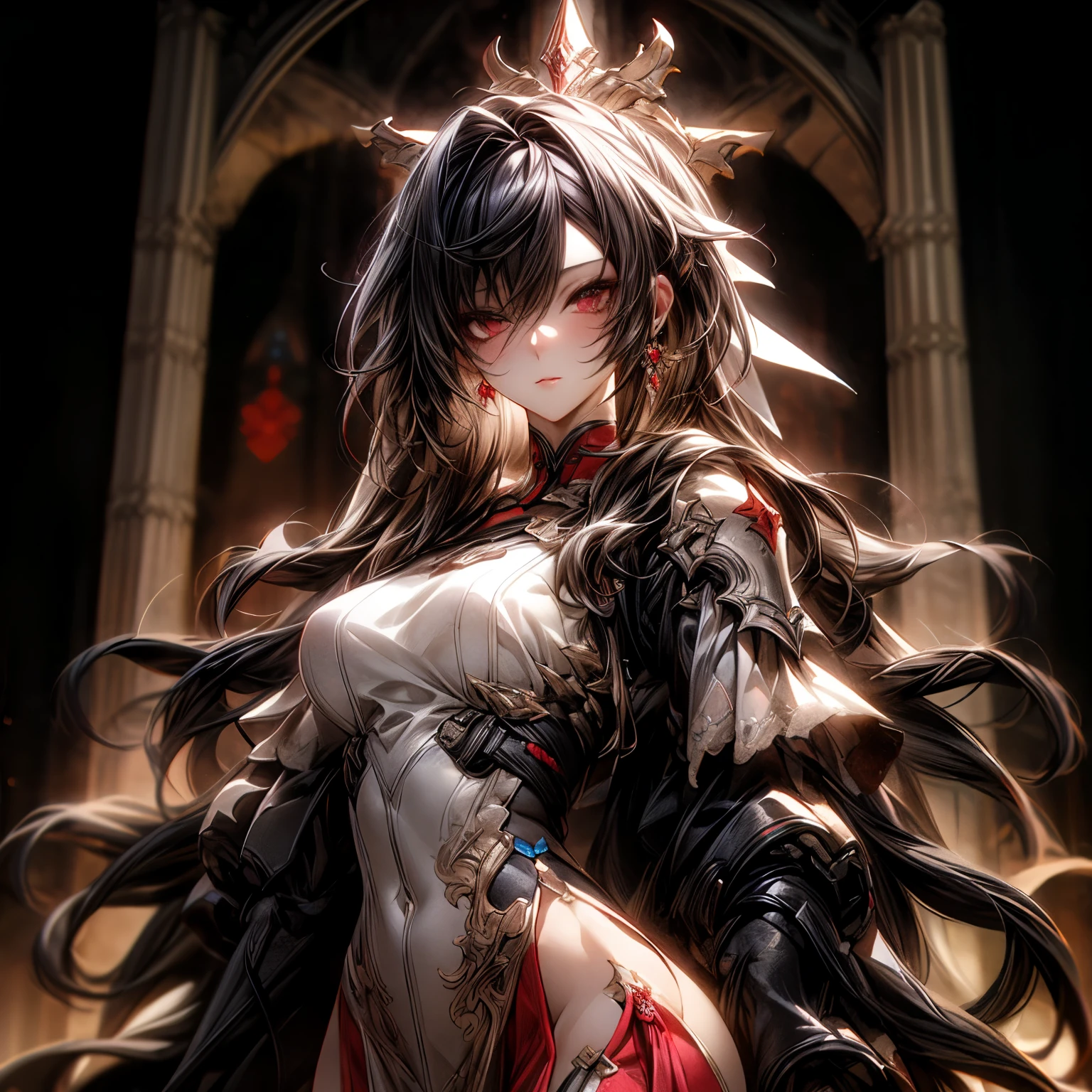 (best quality)), ((Masterpiece)), (details:1.4), 3d, HDR (high dynamic range), an image of a beautiful cyberpunk female, Cyberpunk, Medieval, Black hair, Long hair, Beautiful Red eyes, จมูกโด่ง, ปากแดง, หน้าอกใหญ่, nvidia RTX, PBR surface, After processing, Anisotropic filtration,depth of field, Maximum clarity and clarity, multi-layered surface, Subsurface scattering, perfect proportions, 8K raw files, ultra detailed, Perfect proportions, volumetric lighting, soft lighting, Holy Paladin, Heavy Silver Armor, Red dress, glossy skin, intricate Red embroidery, Tower background, jewely, ต่างหู, นิ้วมือสมบูรณ์,