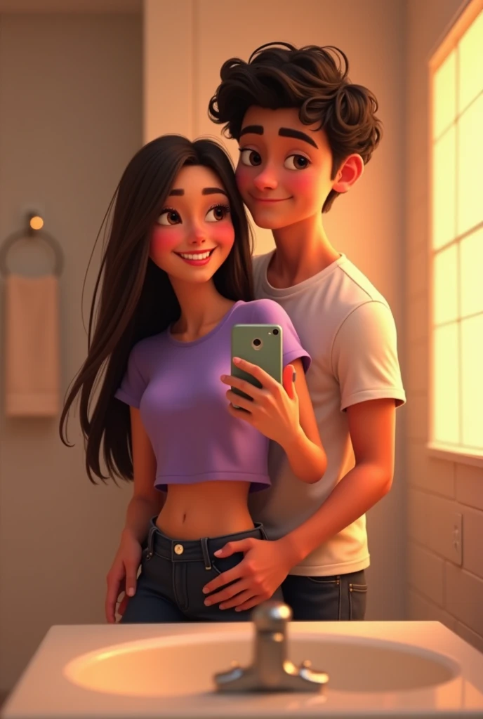 Pixar-style image of a couple taking a photo in the bathroom mirror, The woman is smiling and taking the photo with her cell phone, She is wearing a purple blouse , The young man has dark curly hair, with a cut that leaves the sides shorter and volume on top. He has a slim build and is wearing a white T-shirt.. His skin tone is light, and although it is in profile, You can see that he is taller than the young woman.

The young woman has long, straight hair., coffee colored. Her skin is also light. She is wearing a short T-shirt that reveals part of her abdomen., and appears to be wearing dark shorts. He has a slim build and is smiling broadly.. The young man is turning his back to the mirror , while the girl does not , el chico está dando la espalda y sus brazos están rodeando la cintura de la chica 