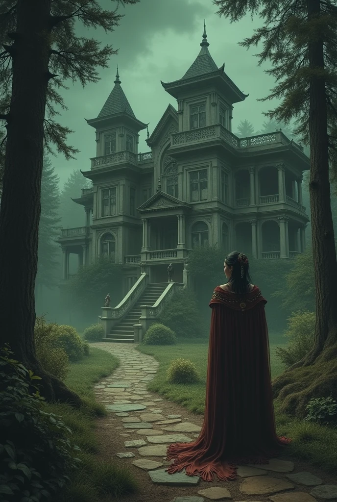 Display flashbacks or illustrations of a wealthy landlord living in the mansion years ago. Show glimpses of the landlord mysteriously dying. Overlay whispers and gossip from the villagers about the mansion being haunted
