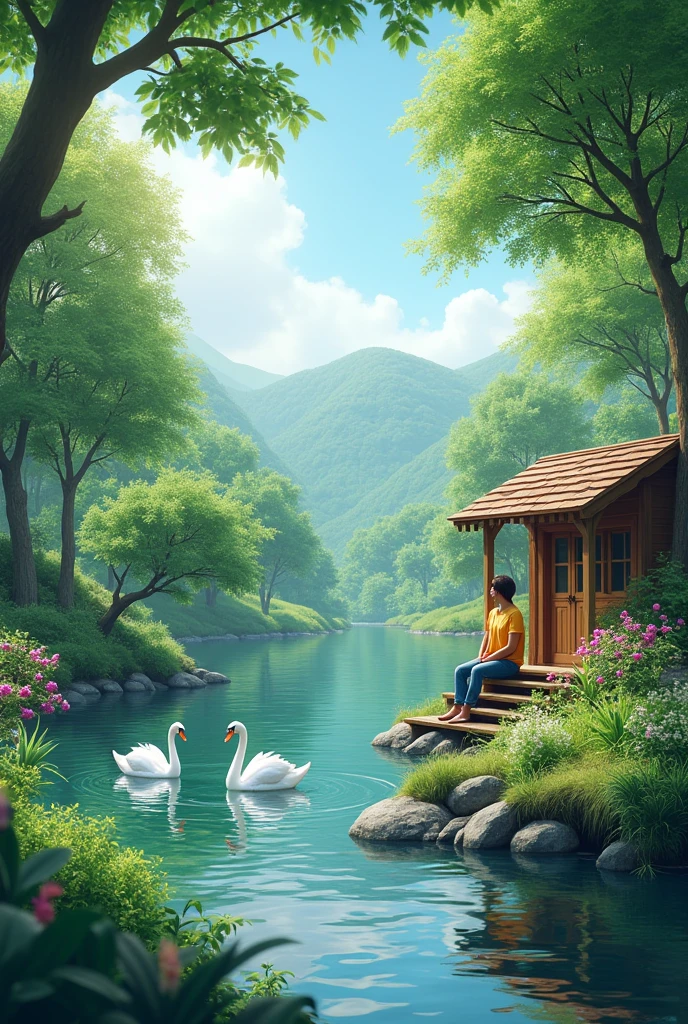 Create a serene and picturesque outdoor scene featuring a small wooden cabin by the side of a peaceful river or lake. A person is sitting on the steps of the cabin, facing the water, dressed casually in a yellow shirt and jeans. The cabin is surrounded by lush green foliage, with various trees, bushes, and colorful flowers adding vibrancy to the scene. The water reflects the surrounding greenery, with subtle light ripples and sparkles. In the background, gentle hills and more trees are visible under a bright, clear sky. Two swans glide gracefully on the water. The overall atmosphere should be tranquil and soothing, with dappled sunlight filtering through the leaves and a soft breeze suggested by gently swaying plants.