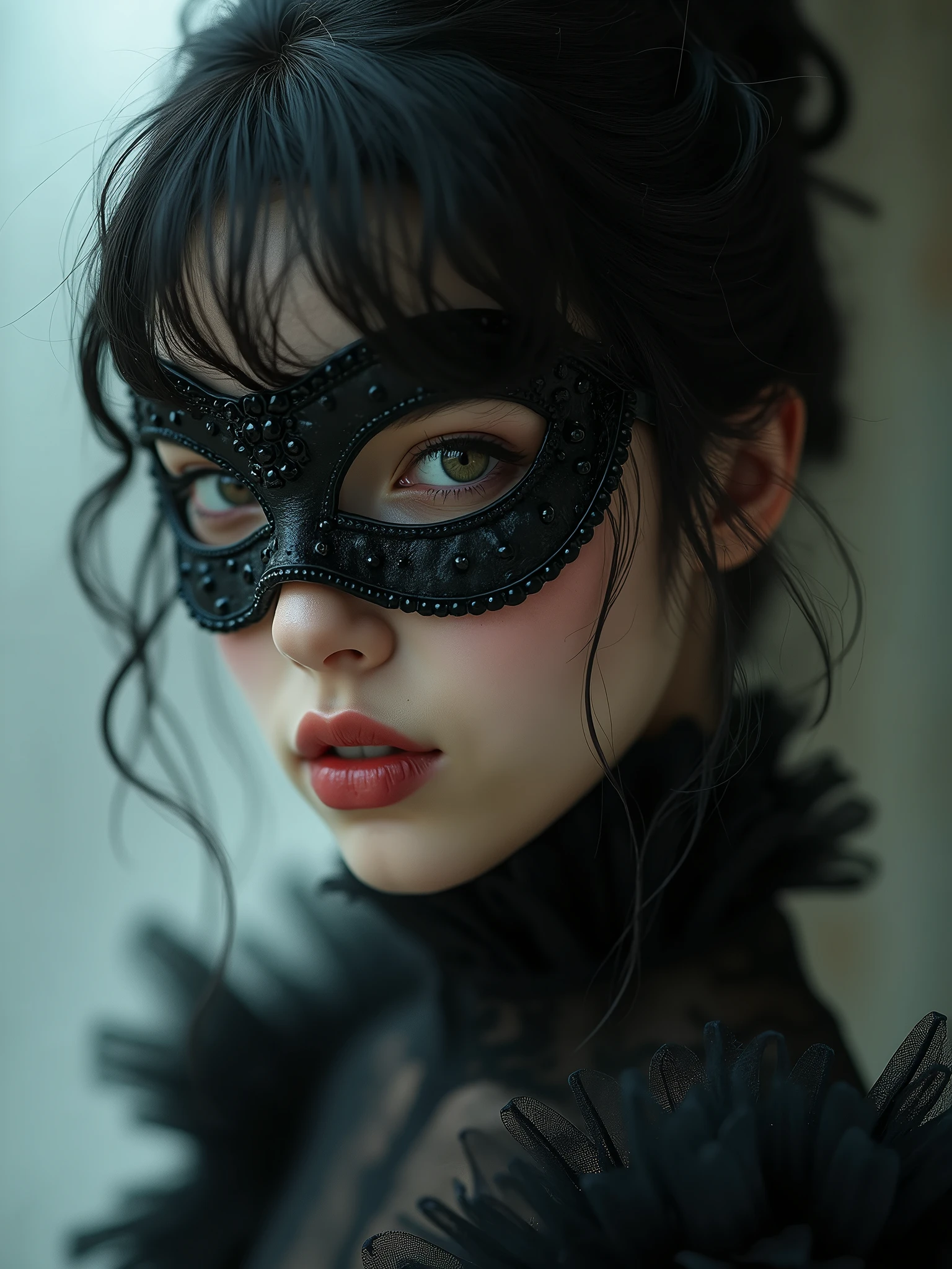 Close-up of people wearing masks, Dreamy Goth Girl, elegant render, Half-length photo, , photoshop render, Ebony lococo, Elegant girl, Female spy, Haunted beautiful young woman, super-hero girl, extravagant dress, beautiful girl