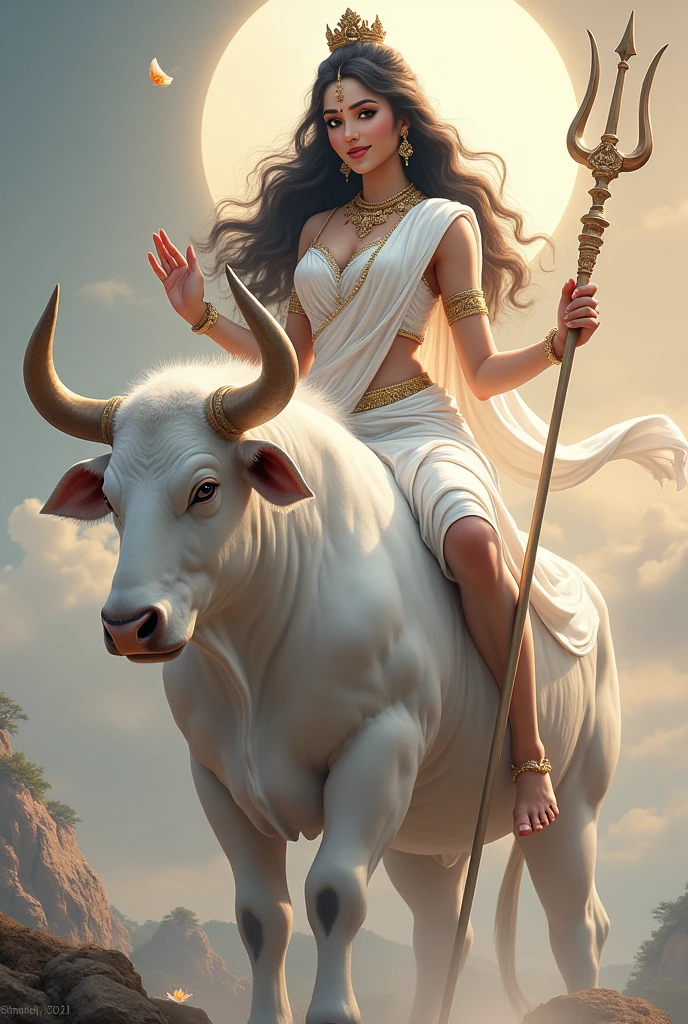 "Create an ultra-realistic image of the beautiful Goddess Mahagauri, daughter of Lord Himalaya, depicted in a pure white saree with a matching blouse. The saree should be simple yet elegant, symbolizing her purity and divine nature, with subtle, delicate patterns that enhance her celestial presence. Her skin should be extremely fair, glowing with a soft, ethereal light that reflects her name, Mahagauri, meaning 'extremely fair.' Her face should be serene and exquisitely beautiful, with large, expressive eyes that radiate wisdom and compassion, and a gentle smile that conveys peace and grace, she has extrene long and black floating hair, she has healthy and dense hair.
She has four hands.
In her right hand, she holds a majestic trident.
Her second right hand is in the blessing posture.
In her left hand, she holds a Damaru (a small drum).
Her second left hand is in the granting posture.
She should be seated on an extremely large and powerful pure white bull, symbolizing her title as Vrisharudha (वृषारूढ़ा), the one who rides the bull. The bull should be depicted with a strong, muscular build and a calm, majestic demeanor, reflecting its strength and the divine presence of the goddess. The bull's pristine white color should complement the goddess's own pure, glowing complexion.
The background should be a serene, celestial landscape, with soft, glowing light and elements like a conch, the moon, and white Kunda flowers, symbolizing her fair complexion. The scene should convey a sense of peace, purity, and divine grace. The overall image should capture the essence of Goddess Mahagauri’s beauty, purity, and divine power, presented in a highly realistic and detailed manner, with her mount emphasizing her strength and protective nature."