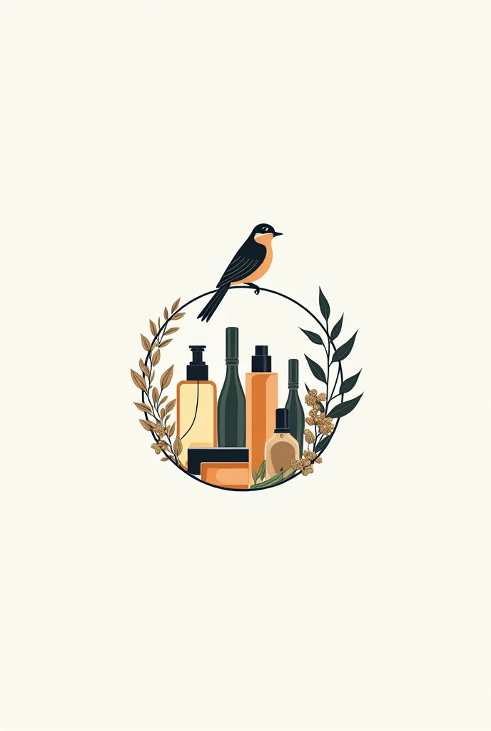 A logo for a beauty brand named "modern" with all the realistic beauty products around it in a circle and a small bird on top