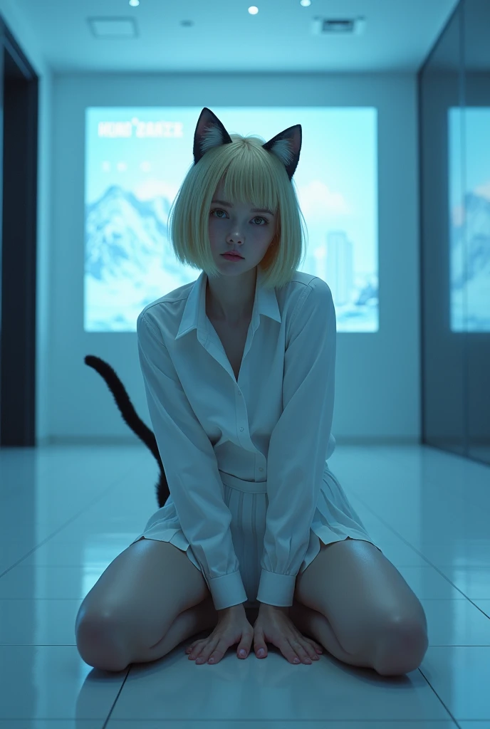 (photorealism:1.2), beautiful woman, swedish, blonde,sad, pensive, assistant, white shirt, pleated skirt, white underwear, 18yo, corporate lobby, white floor and ceiling, blue lighting, hologram, projection,looking at camera, short hair, cat ears, cat tail, crouching , legs apart, speading, emphasis on crotch