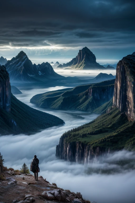 Calm and、Otherworldly landscapes、Towering Mountain々、Dramatic lighting、Ethereal atmosphere、Glowing fog、dramatic cloud、Vibrant colors、Amazing views、Mystical energy、Epic Scale、Majestic Landscape、Awe-inspiring beauty、写真のようにReal、Very detailed、8k、Cinematic lighting、Vibrant colorsパレット、Moody atmosphere、(Highest quality、8k、High resolution、masterpiece:1.2)、Super detailed、(Real、写真のようにReal)