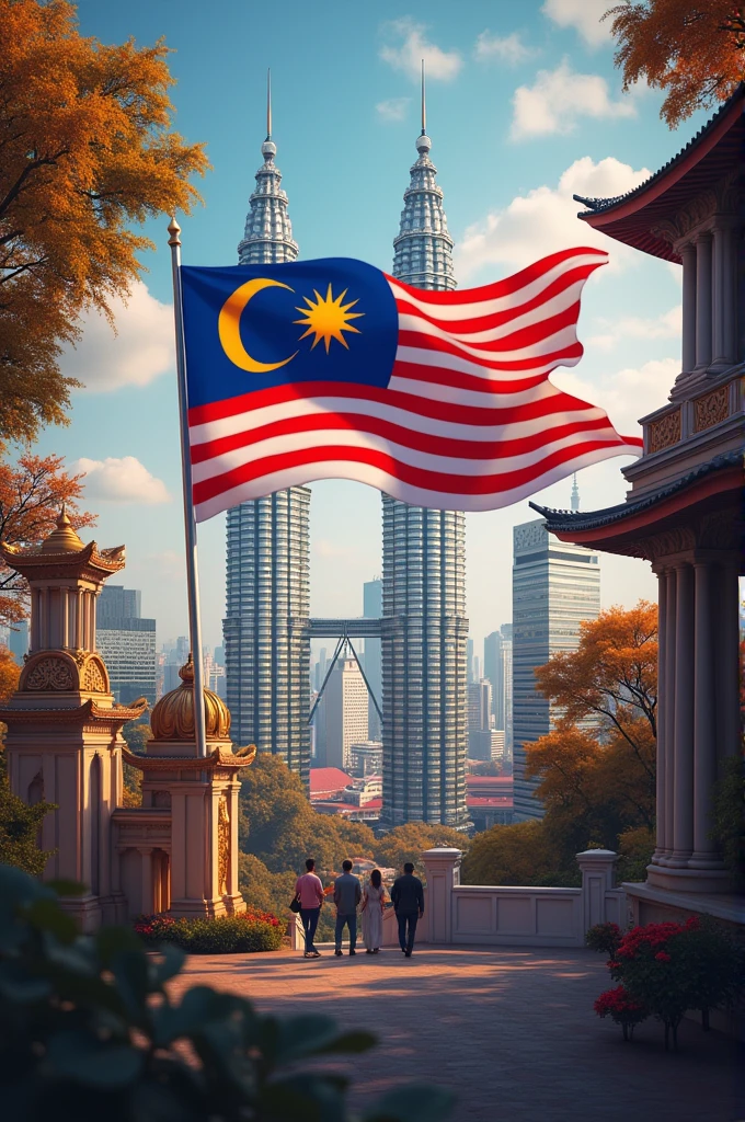 Malaysia flag with word and historical building