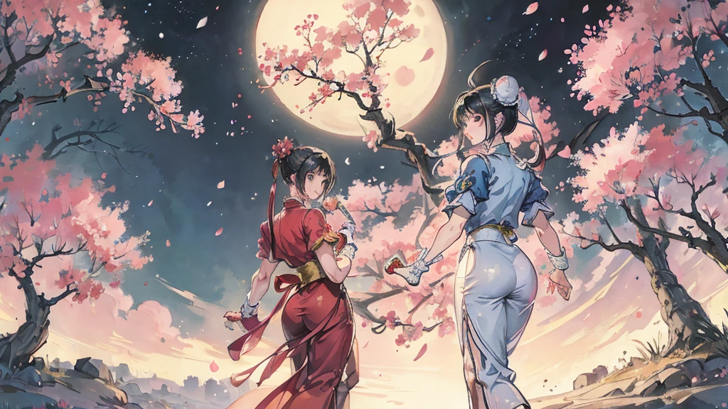 Street Fighter Chun-Li　anime　Cherry Blossoms at Night　Looking Back　moon　China dress　human　1 person 　Person big