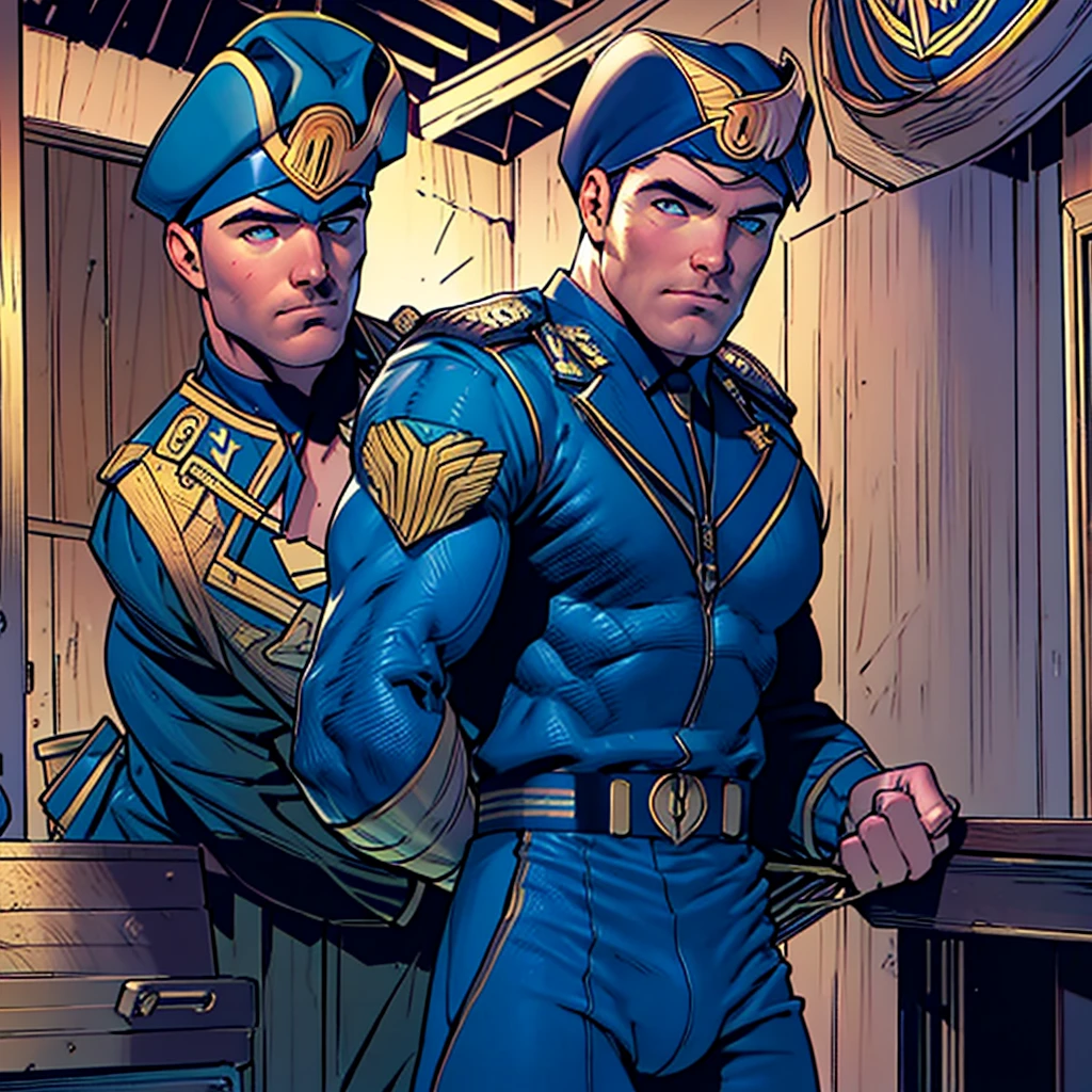 32k, high quality , detailed face , detailed hands , detailed muscles , (((stephen amell as a marine officer))) posing ,standing with spread legs, showing his muscles and bulge , wearing dark blue marine outfit , background a tavern ambiance full of men