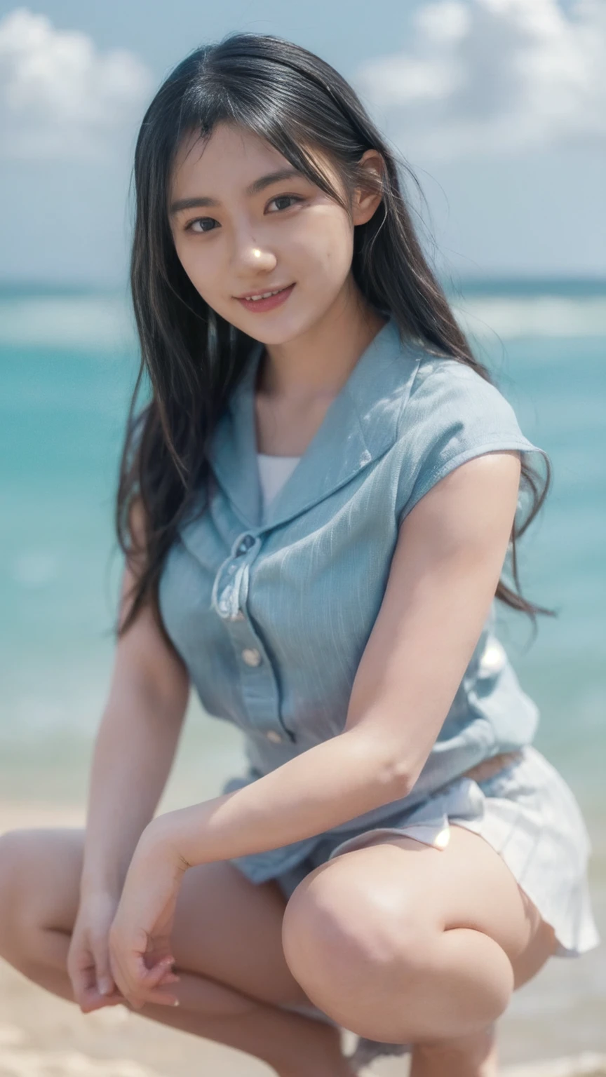 (((Top-down configuration:1.33)))、((No underwear:1.55))、One Girl、Beautiful and detailed eyes and face、barefoot、20 year old cute Japan woman, ((Extremely precise and accurate anatomy:1.0)), (photo Realistic:1.4), (hyper Realistic:1.4), (Highest quality realistic skin texture:1.4), (Improvement of quality:1.4), (Enhances the beauty of skin texture:1.1), Clean and glowing skin, mesh, thin:1.2, (Realistic:1.3), Realistic lighting, (Smoother lighting:1.05), (Improving the quality of cinema lighting:0.9), Backlight, A gentle light for your face, Ray Tracing, (Bright light:1.2), 32K, One Japanese woman, fine grain, Detailed face, (Film Grain:1.1),(Accentuates body lines:1.1), High resolution, Natural look, Kind eyes, Improves hair quality, Delicate light and shadow, Transparent muscles, Graceful pose, Beautiful Eyes, Sharp details, Soft light reflection, Beautiful contours, Delicate skin tone, Fine hair texture, Natural background, (((sunny day、Beach、A strong wind is blowing、Her hair and skirt are flying、squat, Traditional navy blue sailor uniform、Open shirt、Pleated skirt、Scooping seawater with hands:1.25、splash、Sandy Beach、Light of the sun、clear blue sea、The waves crash quietly、Blue sky and white clouds、green mountain々、Beautiful Nature、The joy of youth)))、